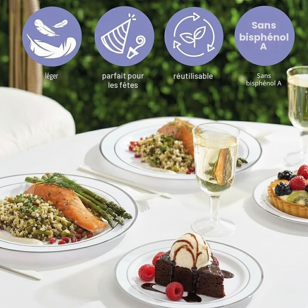 MATANA 120 Assiettes en Plastique Réutilisables Blanches Premium avec Bord Argenté (60 Grandes et 60 Petites Assiettes) – Solides & Incassables pour Mariages, Anniversaires, Réceptions