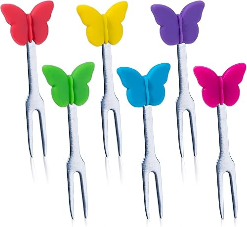 Miniatura 1 de Tenedores de cóctel, 6 tenedores de aperitivos, mariposas, tenedores pequeños de acero inoxidable y silicona para frutas, queso, aperitivos