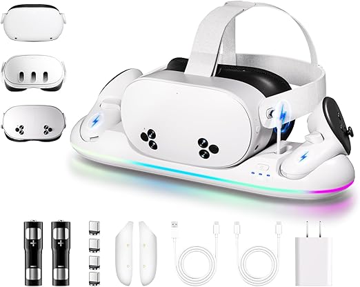 Charging Dock for Meta Quest 3&Quest 3S-Fast Charging Station Compatible with Oculus Quest 2&3&3S-VR Charging Accessories with RGB Light-Magnetic Charging Stand for Controller-2 Rechargeable Batteries