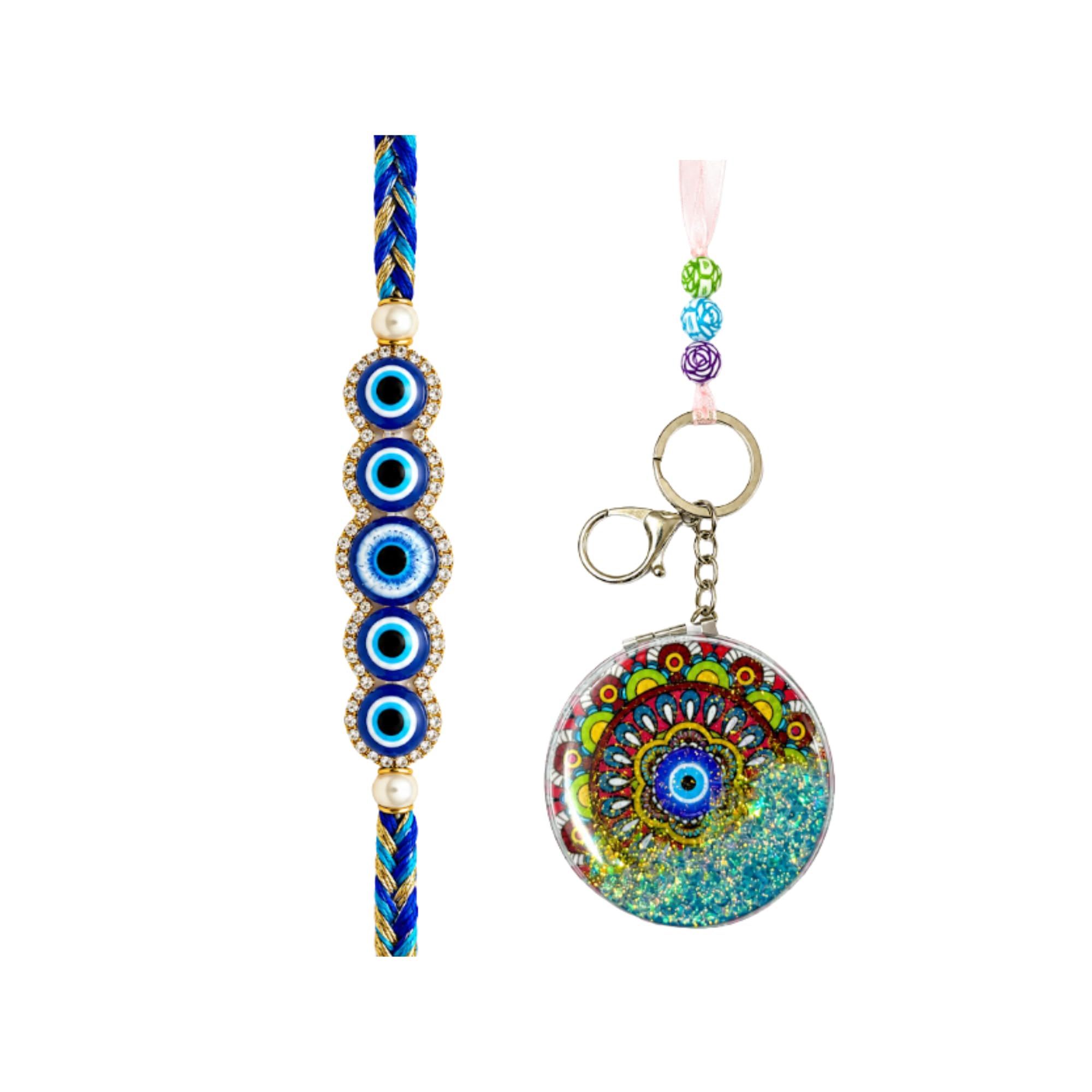 Premium Bhai Bhabhi Rakhi Set | Designer Mirror Mandala Lumba with Decorative Keyring Charm & Blue Protective Charm Beaded Rakhi | Handmade Crystal & Pearl Raksha Bandhan Gift Combo | Pack of 2-image-19