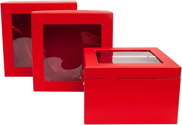 Emartbuy Set of 3 Rigid Luxury Square Presentation Gift Box, Red Print with Transparent Top, Double Layer Interior and Red and Gold Satin Ribbon Handles