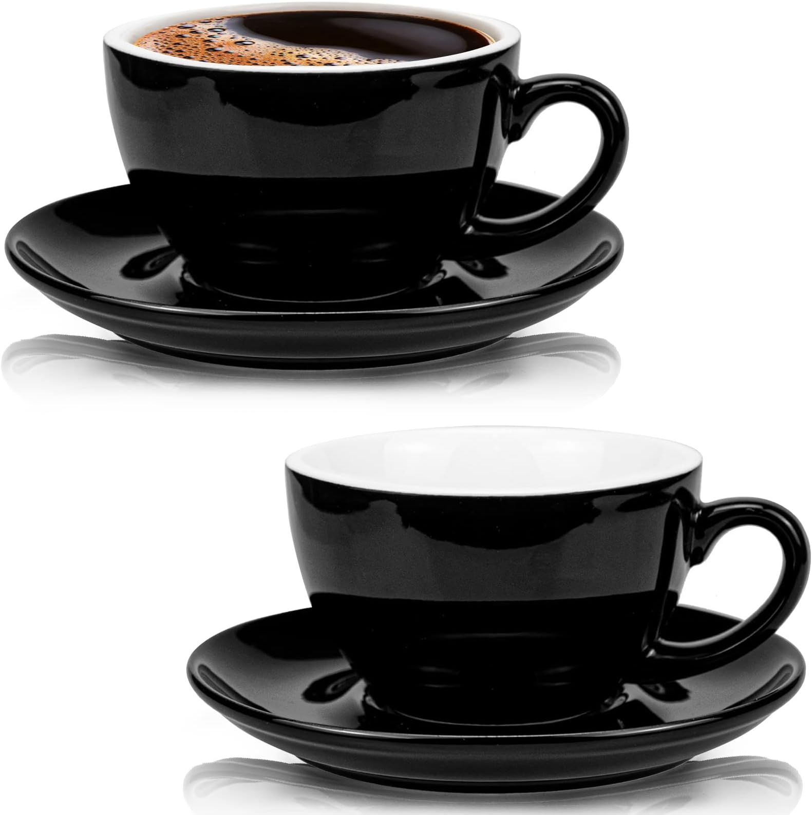2 Pack 8.5 oz Coffee Cup and Saucer, Ceramic Glossy Black Cappuccino Cups with Saucers for Coffee Shop and Barista, Perfect for Specialty Coffee Drinks, Latte, Cafe Mocha and Tea