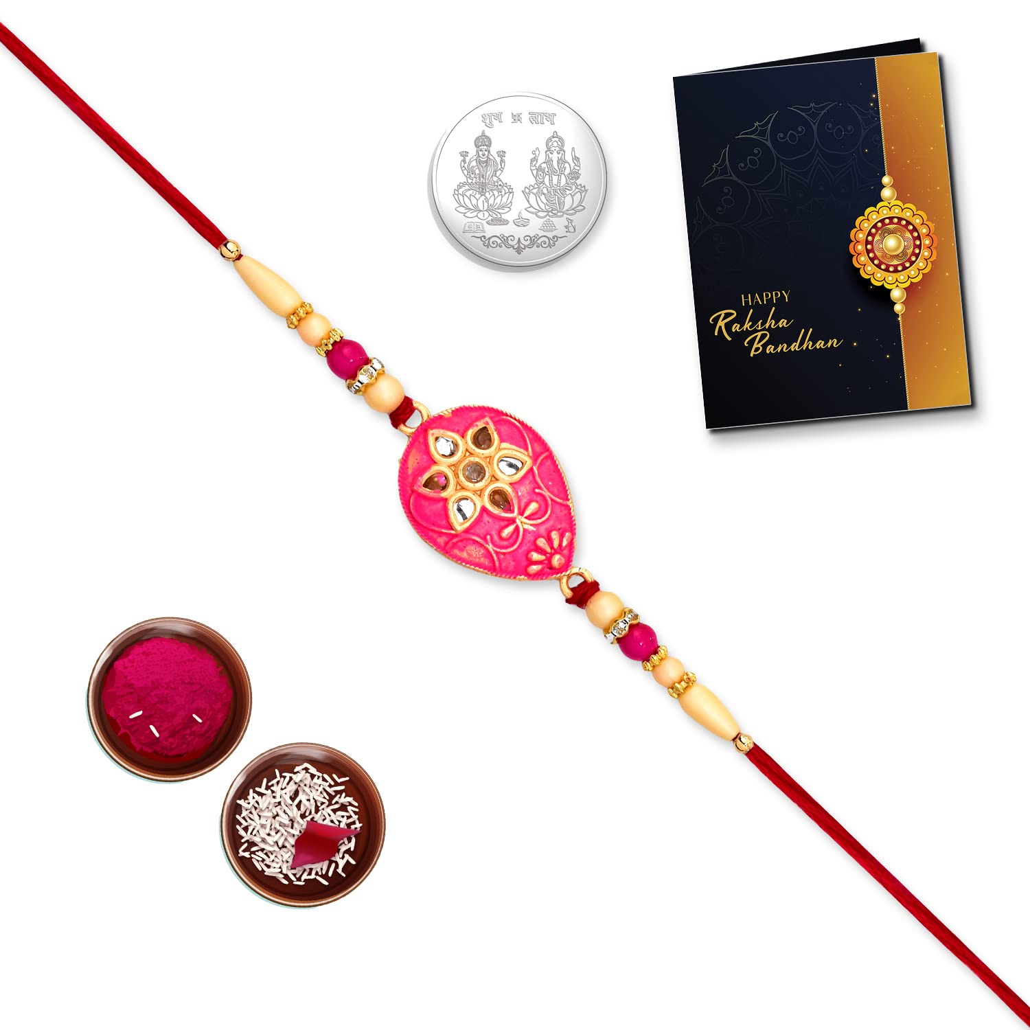 periapt Multicolor Pink rakhi / Bracelet (K1_517) with Silver Color Pooja Coin, Tilak Set & Greeting Card, silver rakhi, silver rakhi. Rakhi wishes greeting card, Fancy Rakhi for brother, Rakhi for Little brother, handmade rakhi, bracelet for brother, bracelets for men stylish, Men bracelet, Set of 1-picture-13