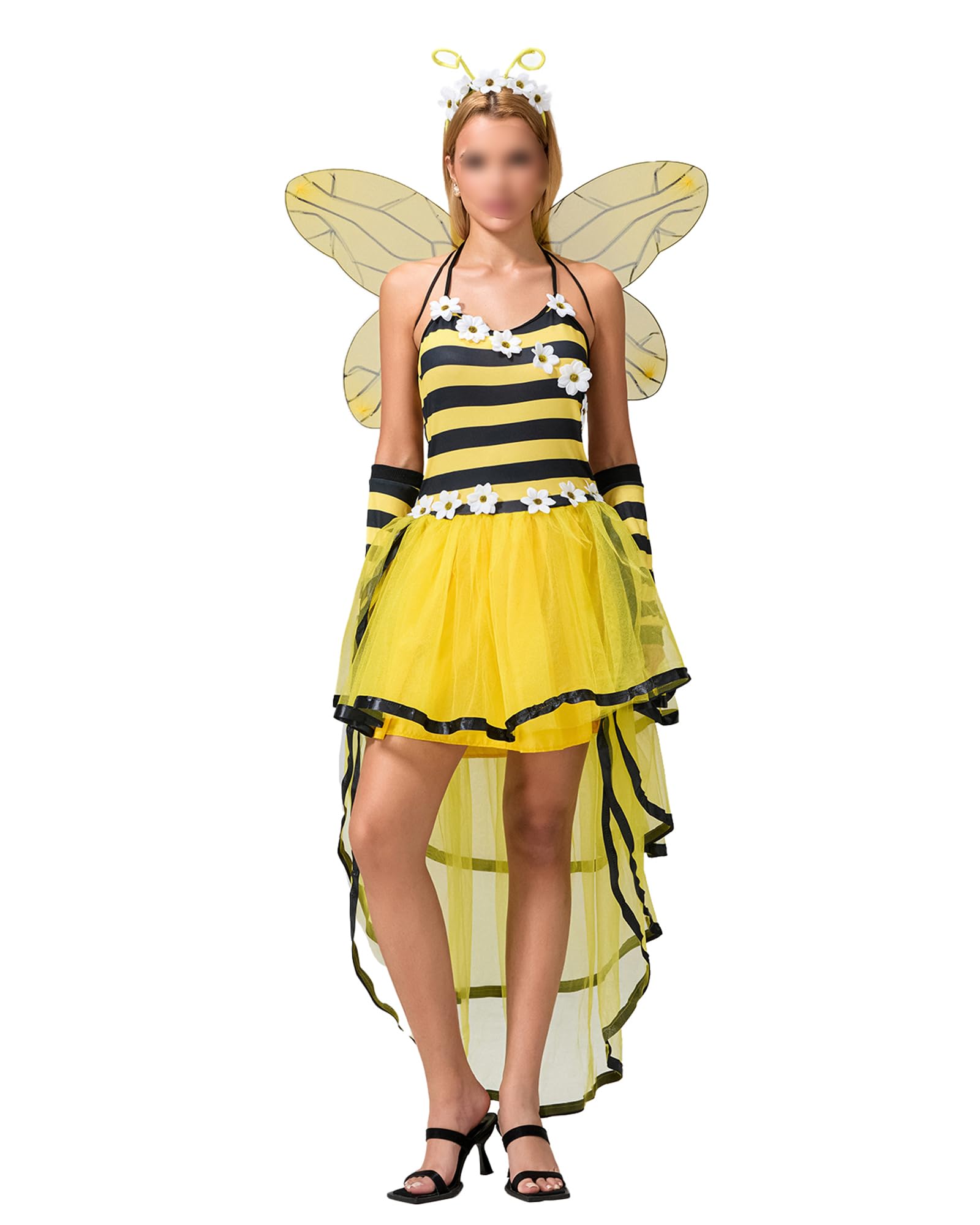 Women Halloween Bee Cosplay Costume Sleeveless Bumble Bee Dress with Wings Headband Knee High Socks Party Carnival Outfits (Yellow E, XL) — image 1