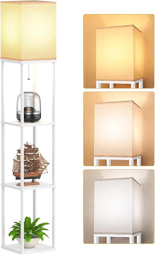 Floor Lamp with Shelves for Living Room Brown, Shelf Floor Lamp with 3 CCT LED Bulb, Corner Display Standing Column Lamp Etagere Organizer Tower Nightstand with White Linen Shade for Bedroom