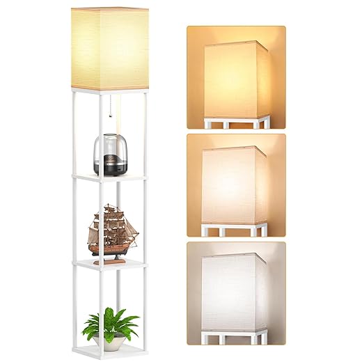 Floor Lamp with Shelves for Living Room White, Shelf Floor Lamp with 3 CCT LED Bulb, Corner Display Standing Column Lamp Etagere Organizer Tower Nightstand with White Linen Shade for Bedroom, Office