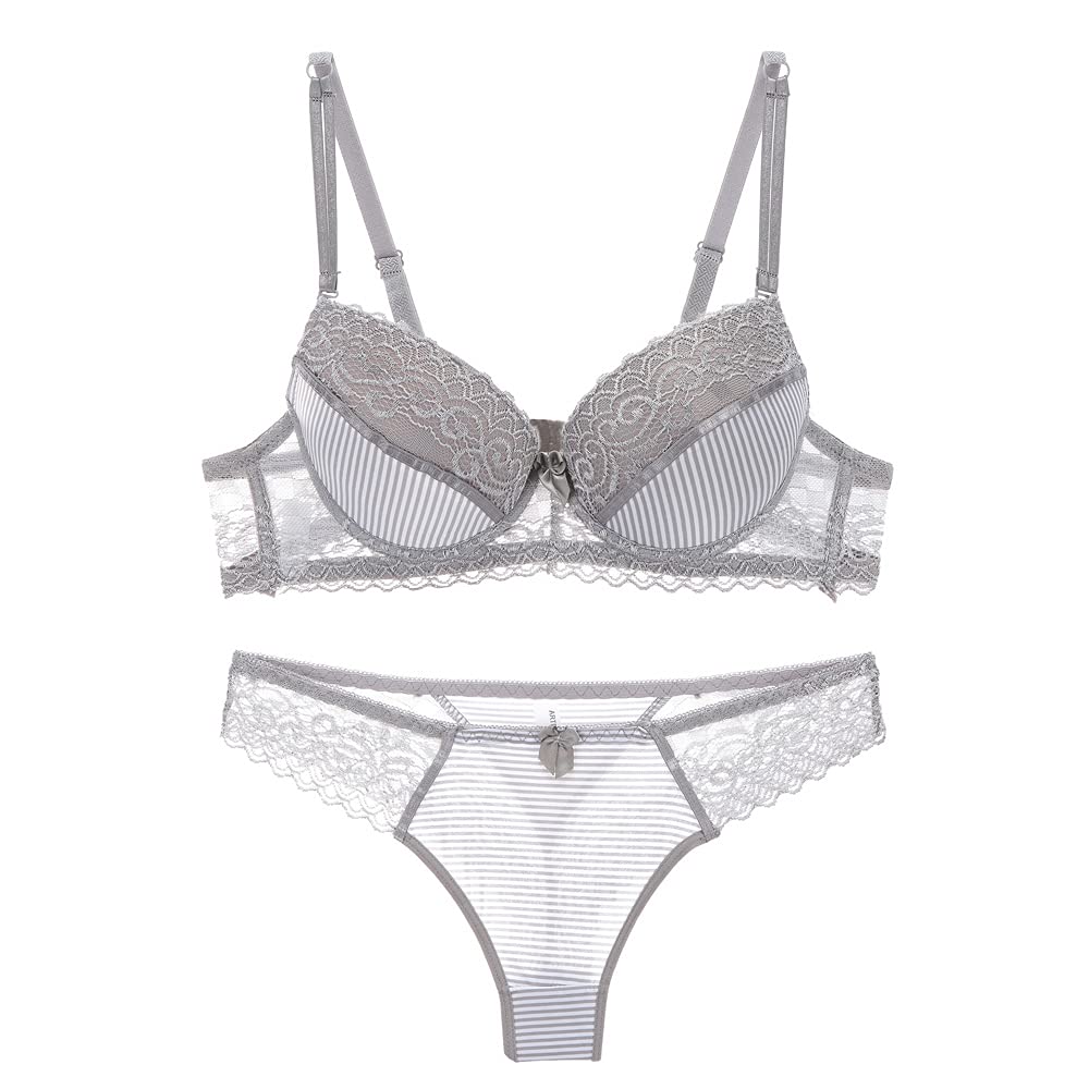 Gangcheng Women's Grey Lace Push Bra Lingerie Set Panties Briefs Underwear Padded 44B