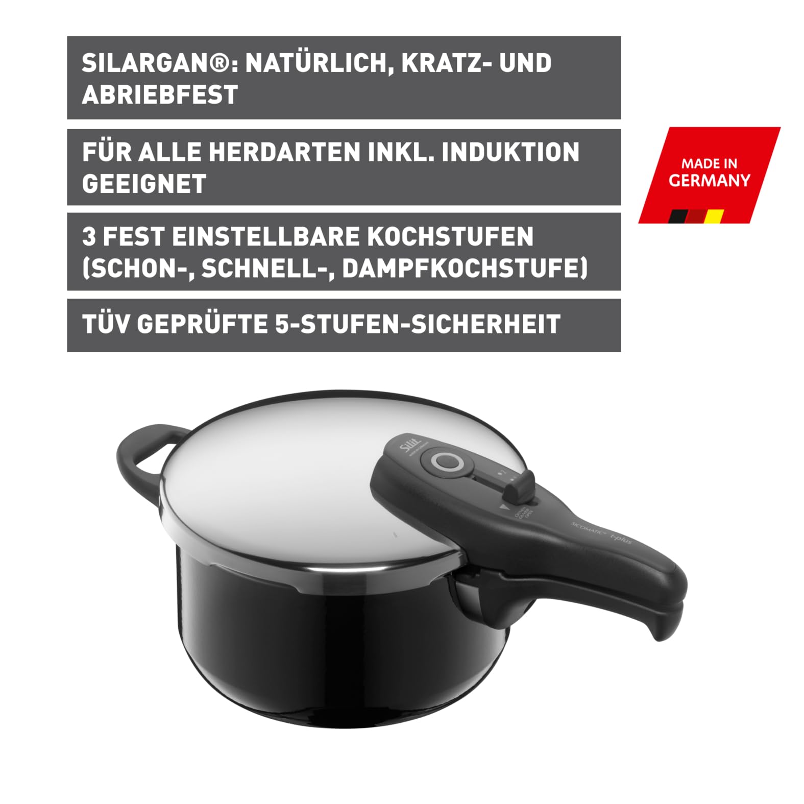 Silit Sicomatic t-Plus Schnellkochtopf 4,5l, Schnelltopf 22 cm, Silargan Funktionskeramik, Induktion, 3 Kochstufen, Einhand-Drehregler, schwarz