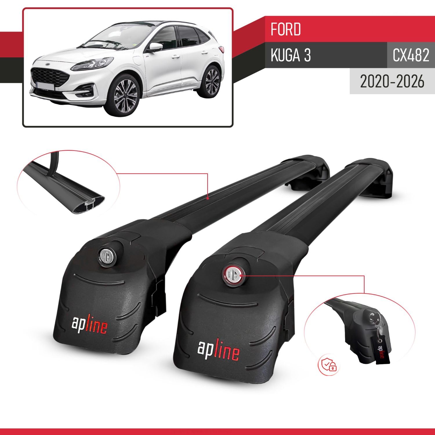 Compatibile con Ford Kuga 3 (CX482) 2020-2025 Ace-2 Barre Tetto Portapacchi Auto Barre Portatutto Nero Alluminio 2 Barre