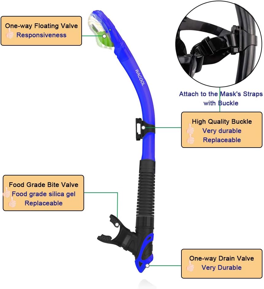 WACOOL Adults Snorkeling Snorkel Scuba Diving Package Set Gear with Travel Full Foot Short Swim Pocket Fins Anti-Fog Coated Glass Silicon Mouth Piece Purge Valve and Anti-Splash : Sports & Outdoors