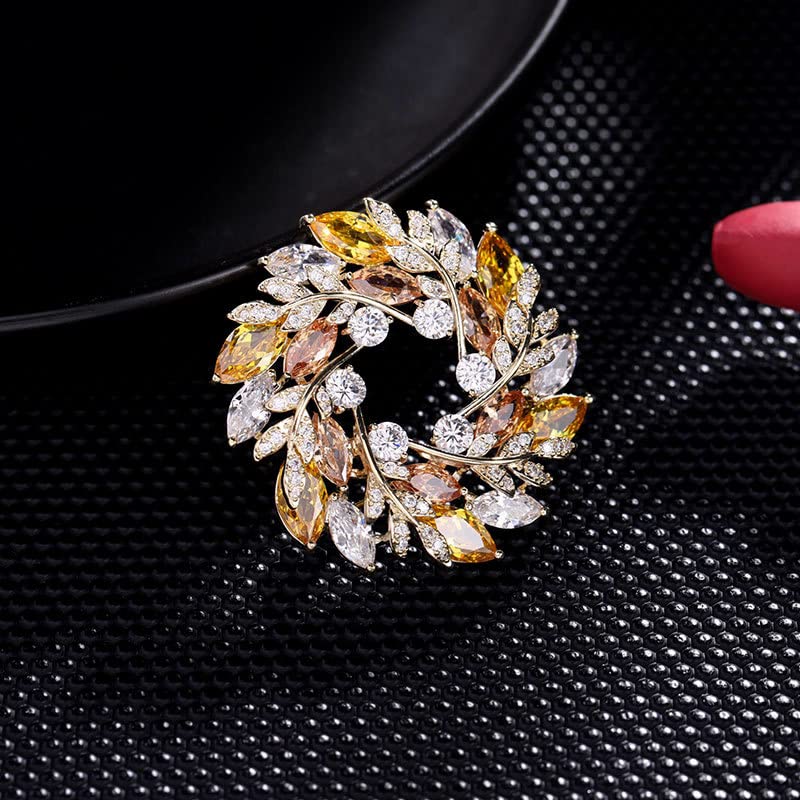 Image of 14K Gold Leaf Wreath Brooch, Handcrafted Moissanite Corsage Pin Buckle - Elegant Blazer Accessory, Perfect Birthday or Special Occasion Gift for Her