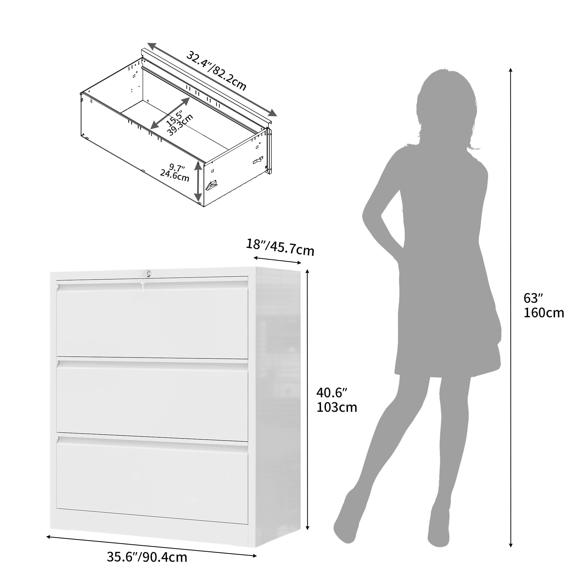 YITAHOME 3 Schubladen Seitliche Büro-Aktenschränke mit Schloss, Metall-Edelstahl-Schrank für A4-Formate, Büro-Organisationsschrank, weiß