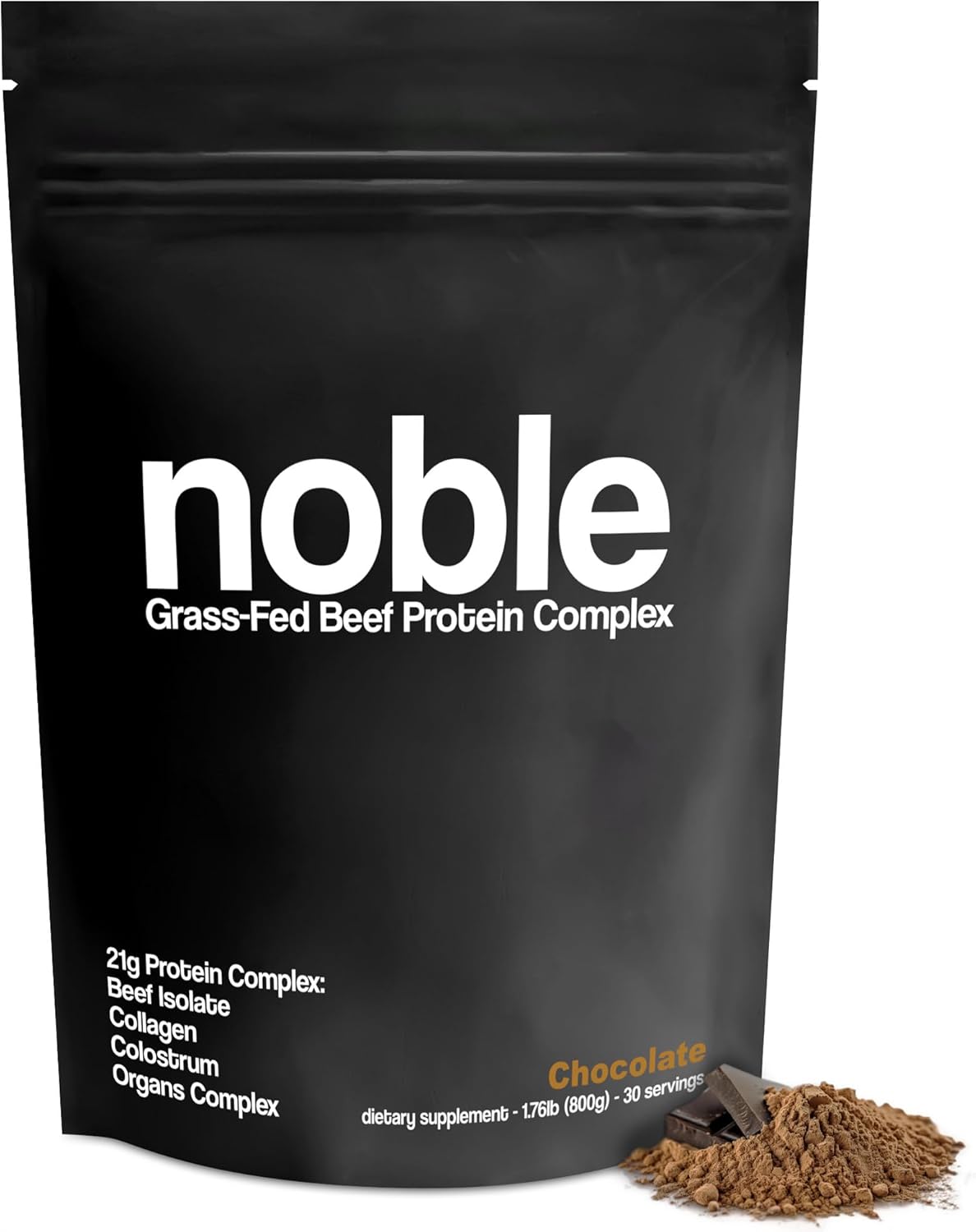 Noble All-in-One Chocolate Protein Powder, 21g Grass-Fed Beef Protein & Collagen, Colostrum & Organ Blend, Whey-Free, Seed Oil-Free, Zero-Carb, 30 Servings (1.75lbs)
