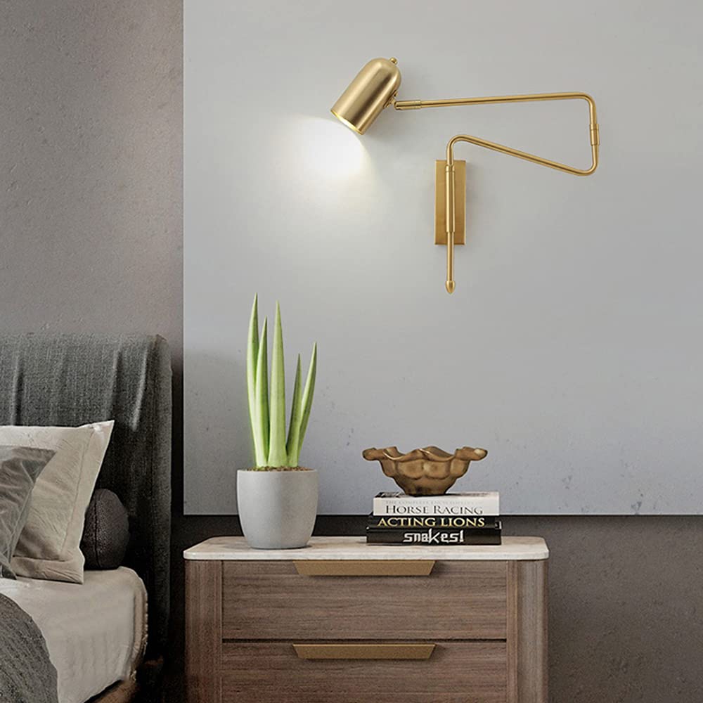 Applique da Parete retrò con Braccio oscillante, Lampada Ultra Sottile e Flessibile, faretto cablato in Ottone Placcato Industriale, Lampada Rustica Antica per Soggiorno,