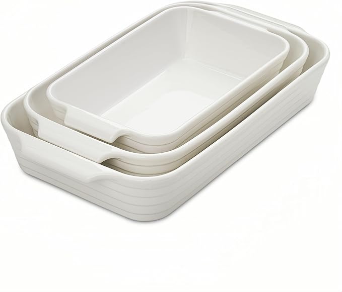 Casserole Dishes for Oven, Ceramic Baking Dishes Set of 3, Baking Pan Casserole Dish Set, Rectangular Lasagna Pan Deep with Handles for Baking