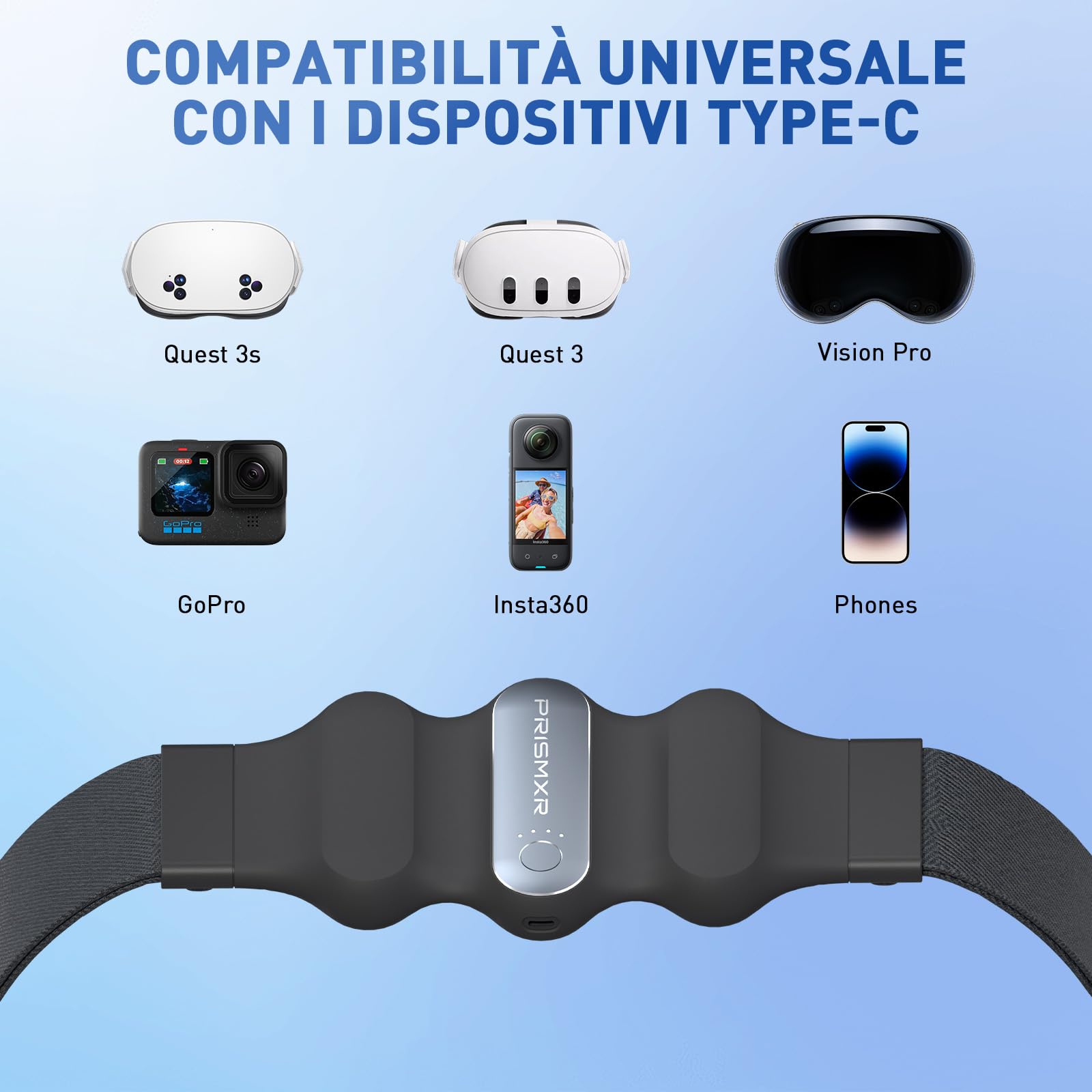PRISMXR Power Bank portatile compatibile con Quest 3/3S/2 accessori, Pico 4, VR, uscita da 30 W, ricarica rapida, batteria da tipo C a C da 10.000 mAh (Carina W1, grigio)
