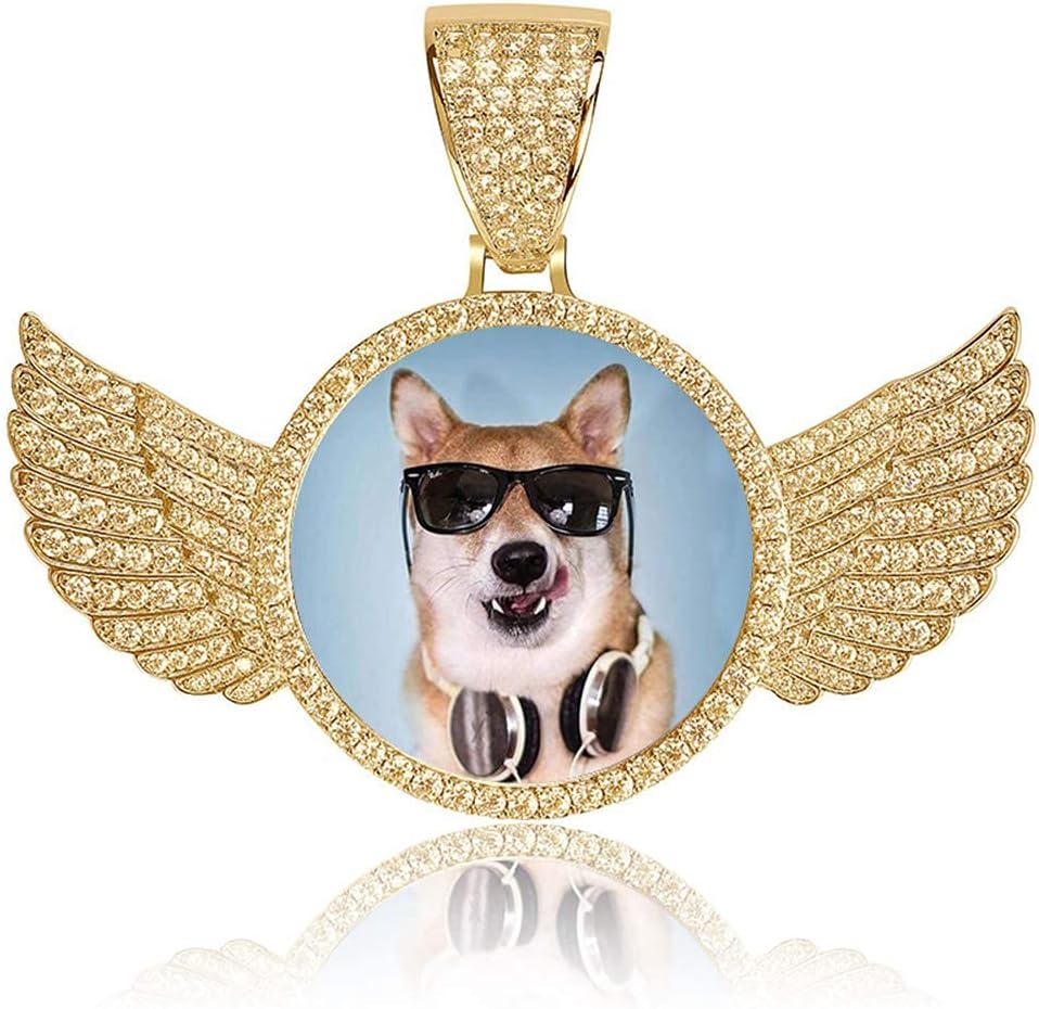 JINLIN Personalized Custom Iced Out Picture/Photo Pendant Necklace with Wings, Hip Hop Rapper Necklace for Women Men with Rope/Tennis Chain