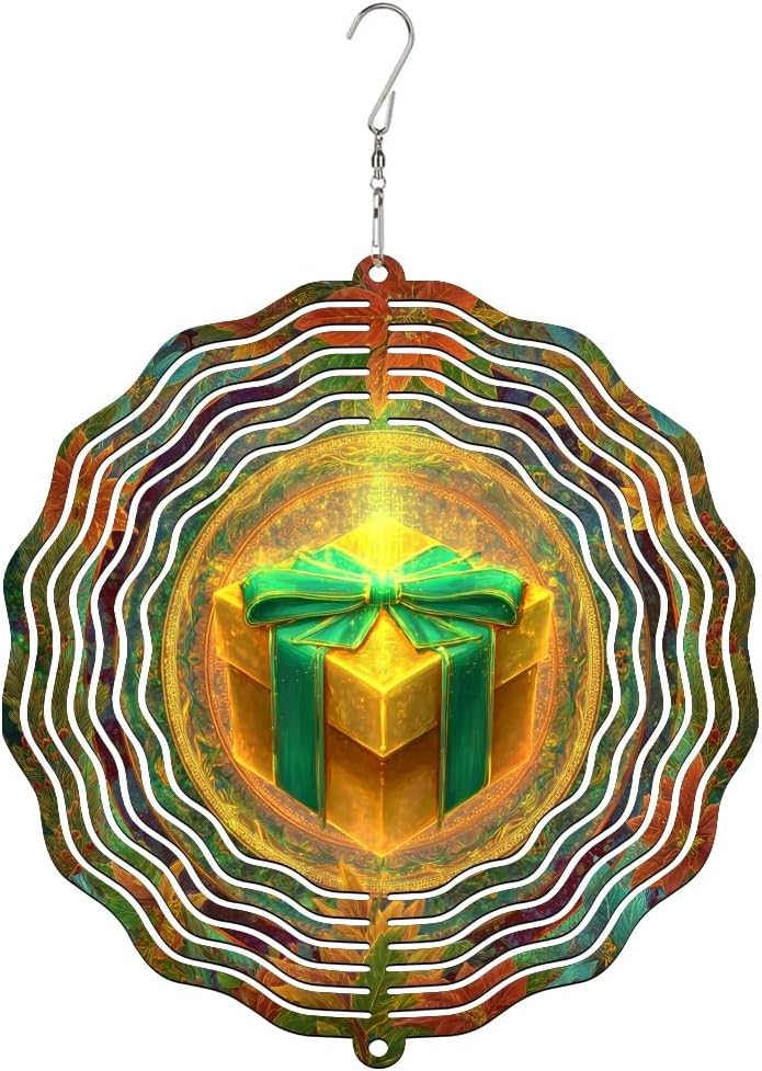 Gift Box Wind Spinner, Festive Colorful Ribbon Swirls Christmas Gold Metal Outdoor Color Changing Wind Sculptures Gifts for Garden Patio Porch Balcony Home Decor 12 Inch