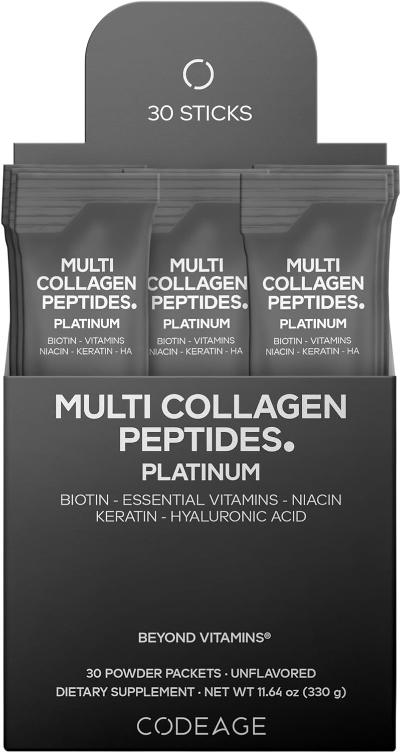 Codeage Multi Collagen and Biotin 10,000 mcg + Vitamin C, B6 & D3, Keratin, Hyaluronic Acid, Niacin, 18 Amino Acids - Stick Packs Supplement - 5 Types Collagen Protein – 30 Powder Packets