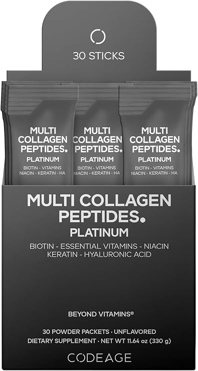 Codeage Multi Collagen and Biotin 10,000 mcg + Vitamin C, B6 & D3, Keratin, Hyaluronic Acid, Niacin, 18 Amino Acids - Stick Packs Supplement - 5 Types Collagen Protein 30 Powder Packets