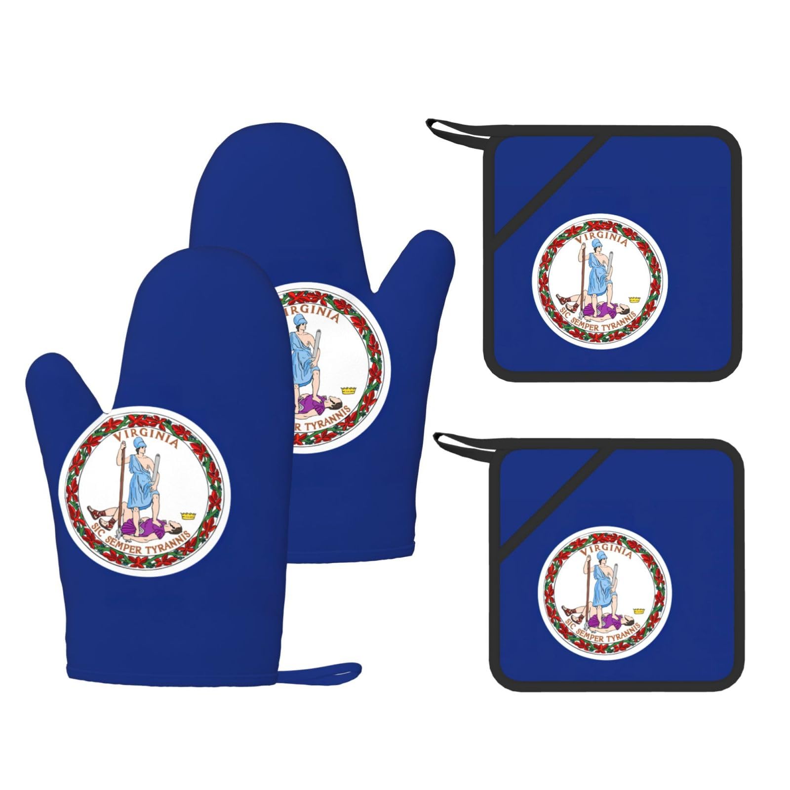 Flag of Virginia Printed Kitchen Oven Gloves and Potholder 4 Pcs, Non-Slip Heat Resistant Mitts for Baking Chef