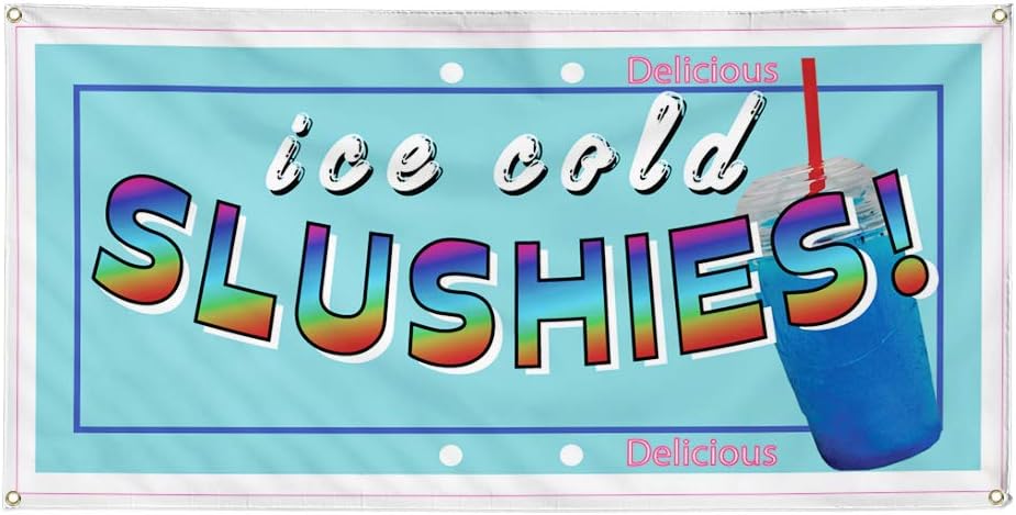 Vinyl Banner Multiple Sizes Ice Cold Slushies Restaurant Cafe Bar A Food & Beverage Outdoor Weatherproof Industrial Yard Signs Blue 4 Grommets 24x36Inches