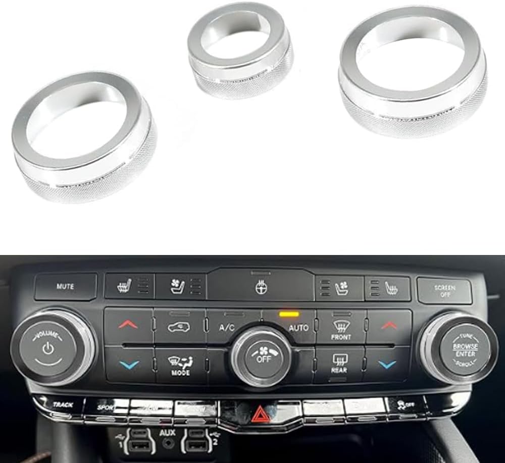 Riloer Volume Knob Cover, 3 Pcs Radio AC Knobs Air Conditioner Switch Button Center Console Switch Knob Cover Trim, Compatible with Dodge Durango 2021-2025 - Sliver