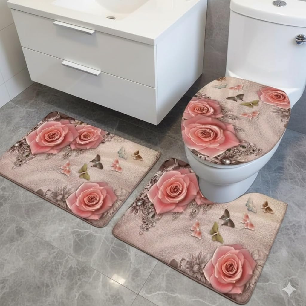 Scribify 3 Pieces Bathroom Rugs Set, Ultra Soft Non-Slip Microfiber Absorbent Bath Mats with U-Shaped Toilet Rug, Mandala Patternn (10, Light Pink)-image-7