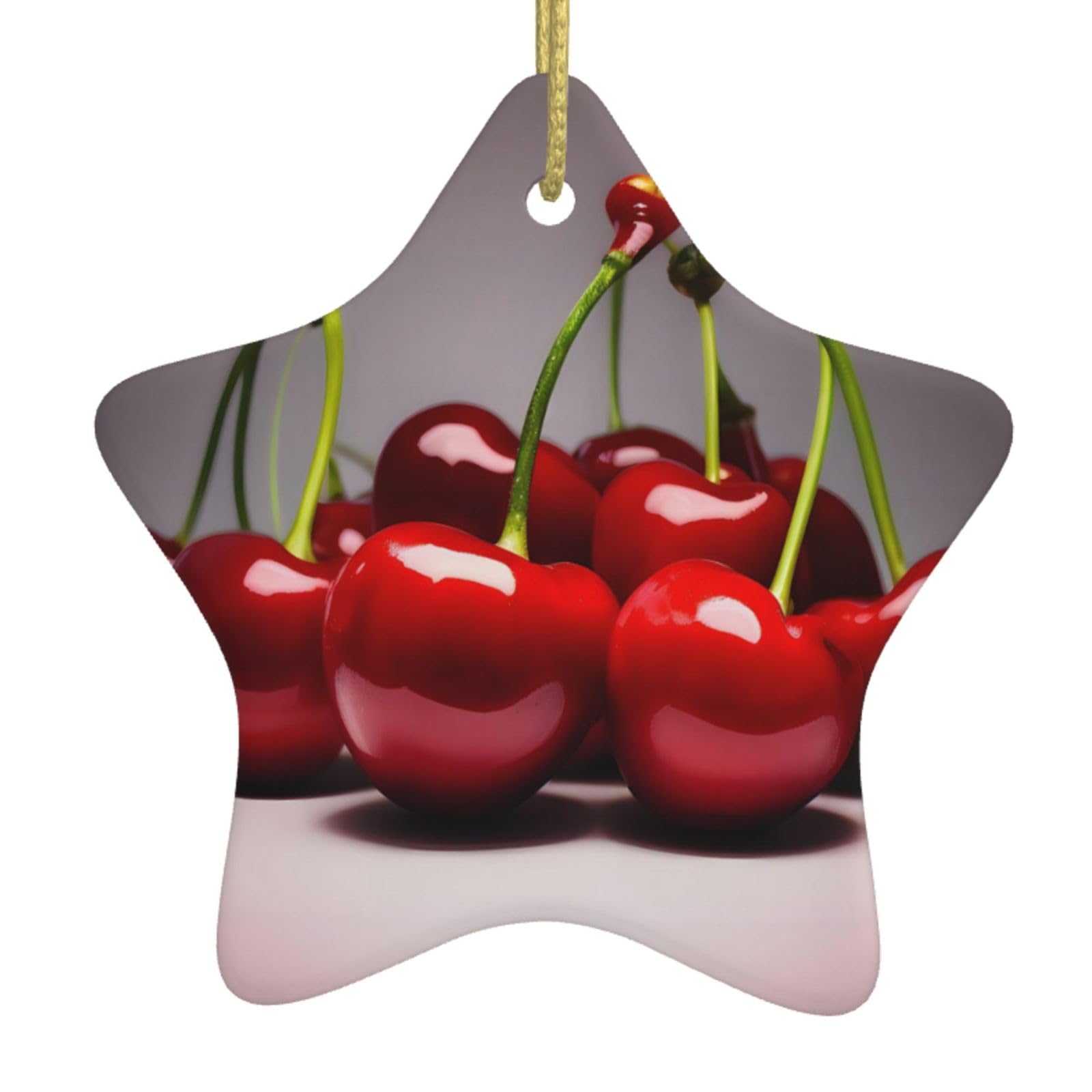 Chilean Cherries Christmas Ceramic Star Pendant with Punched Holes and Gold Wire Rope, Christmas Tree Home Decoration