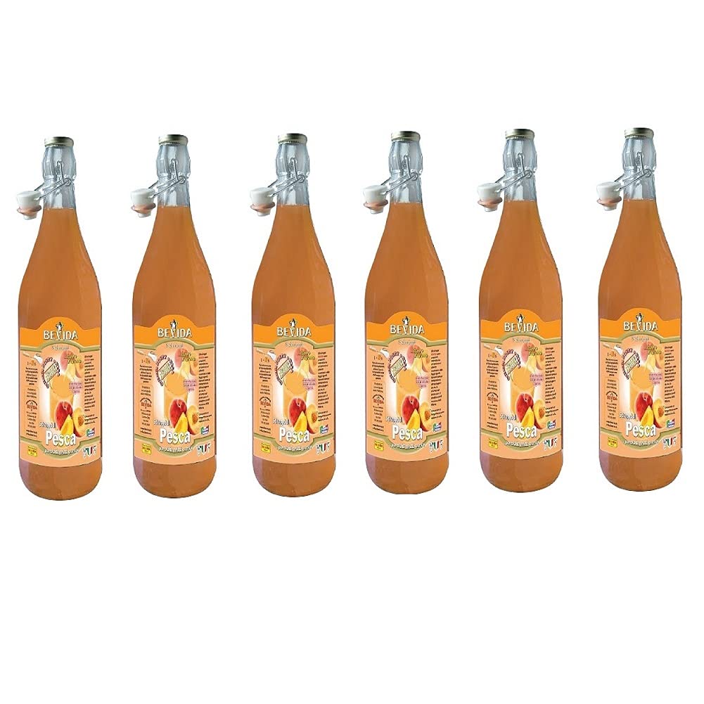 6x Bevida Sciroppo di Pesca Pfirsichsirup Sirup Glasflasche 1Lt Ideal für Getränke, Eis und Matsch