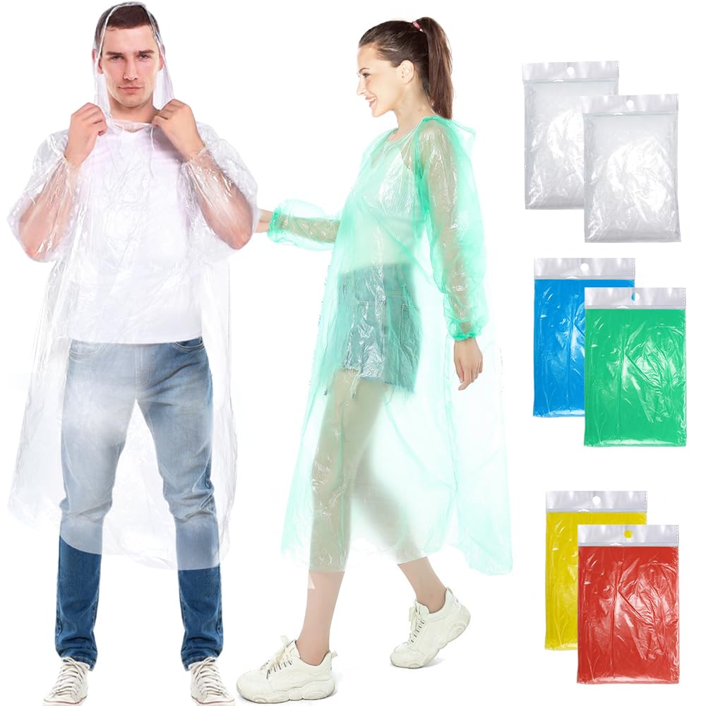 Henrycares 6/10 Stück Einweg Regenponcho Damen Herren, Durchsichtig Regencape Regenschutz mit Tunnelzug Kapuze und Elastische Manschette,Wasserdicht für Wandern Radfahren Camping und Reisen