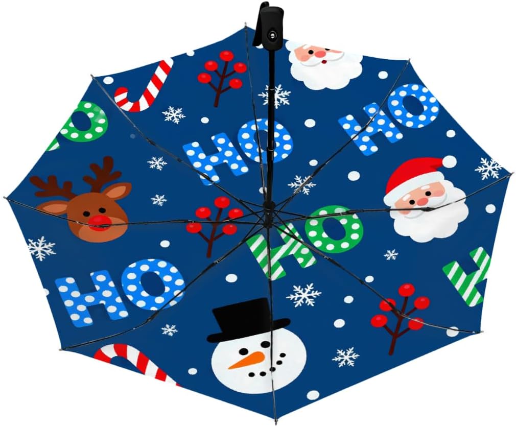 Santa Claus Snowman Reindeer Folding Umbrella Windproof Compact Lightweight Travel Umbrella with 8 Reinforced Ribs, Portable UV Sun & Rain Protection for Men & Women