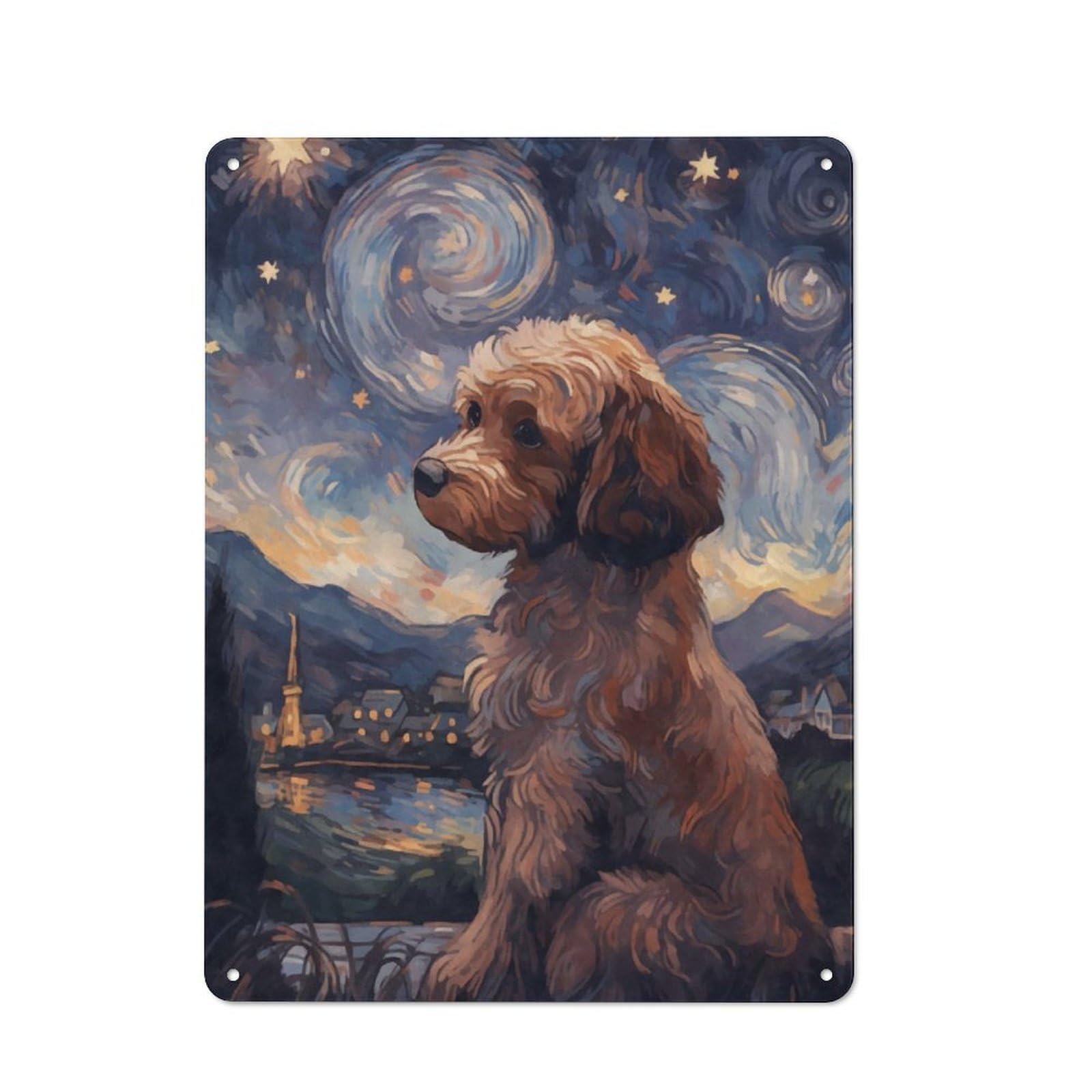 Junmoney Cavoodle Starry Night Vintage Metal Plaque 40X30cm For Home Office Or Studio, Seasonal Metal Wall Decor For Winter Interiors