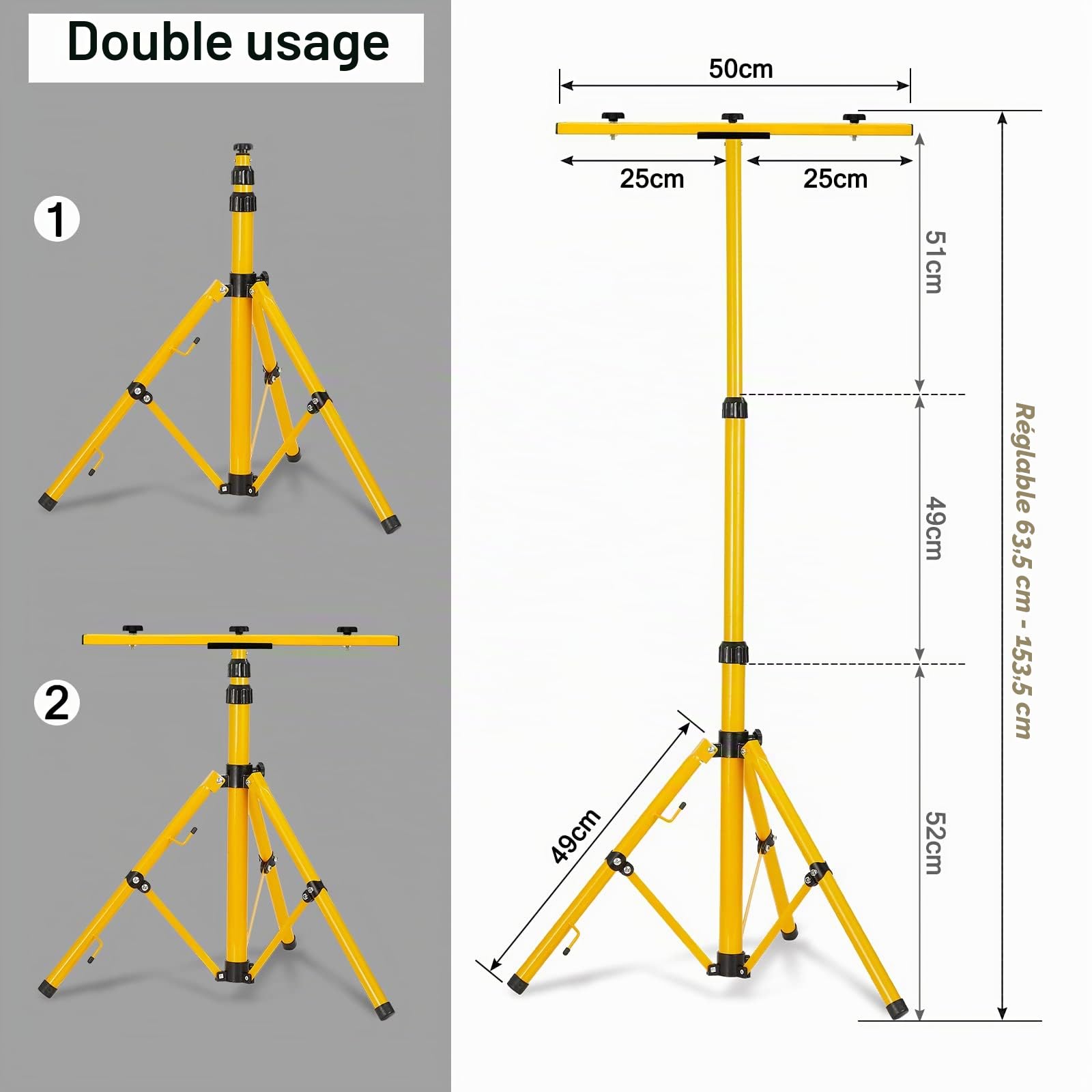 UISEBRT Trépied télescopique pour projecteur de chantier LED - Réglable en hauteur de 63,5 à 153,5 cm - Jaune AS004D