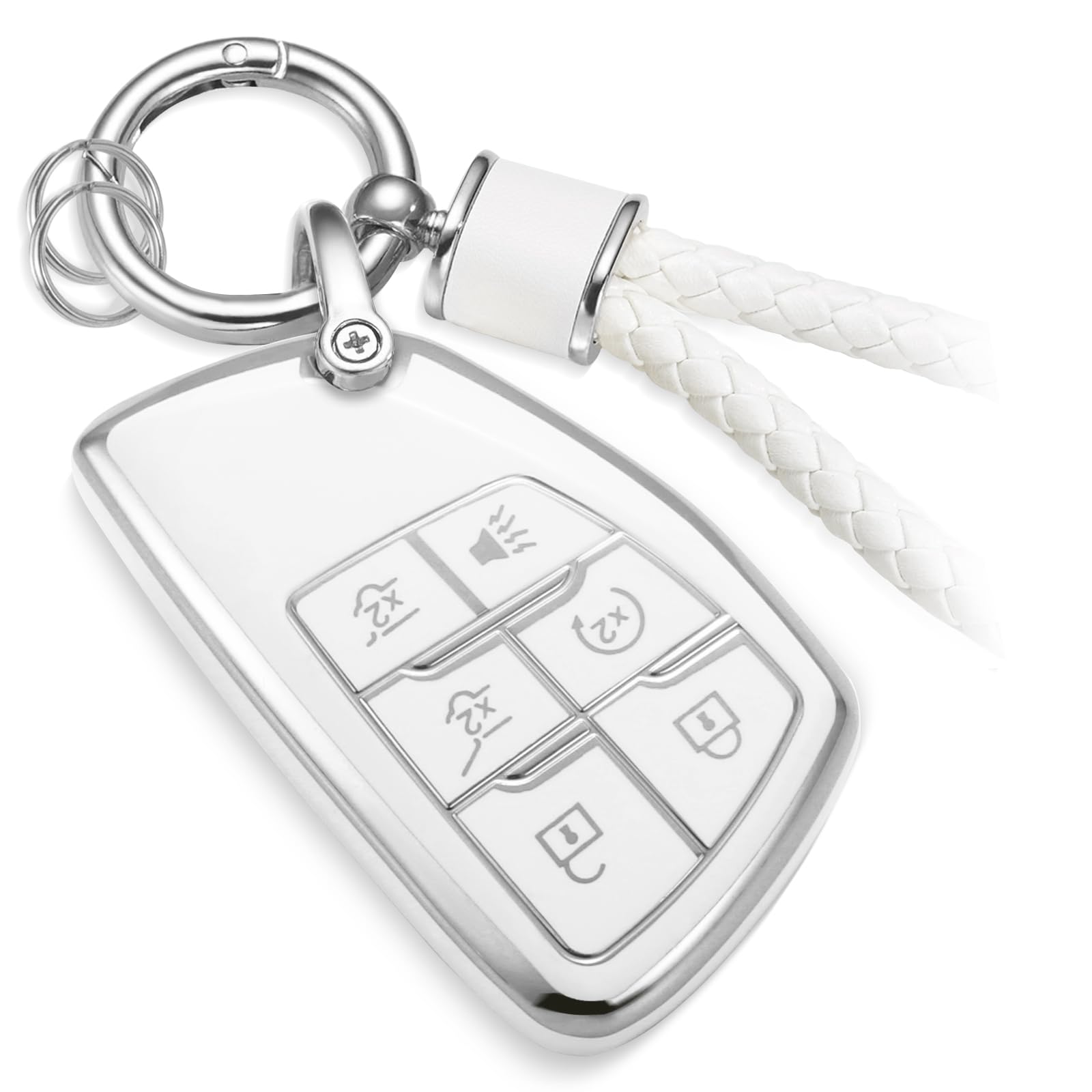 CTRINEWS for Buick Key Fob Cover with Metal Braided Keychain, Upgraded Soft Case for Avenir Envision Encore Chevy Suburban Tahoe GMC Yukon Denali Sierra (6 Buttons) (Silver,B2)