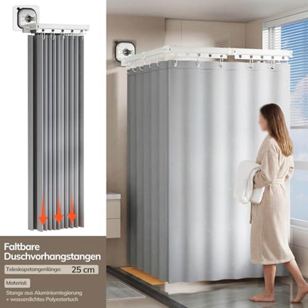 Barra de ducha plegable ajustable con ventosa, fijación sin necesidad de taladrar, esquina o recta, poste de aleación de aluminio con ganchos, negro, 40 x 15 cm (blanco)