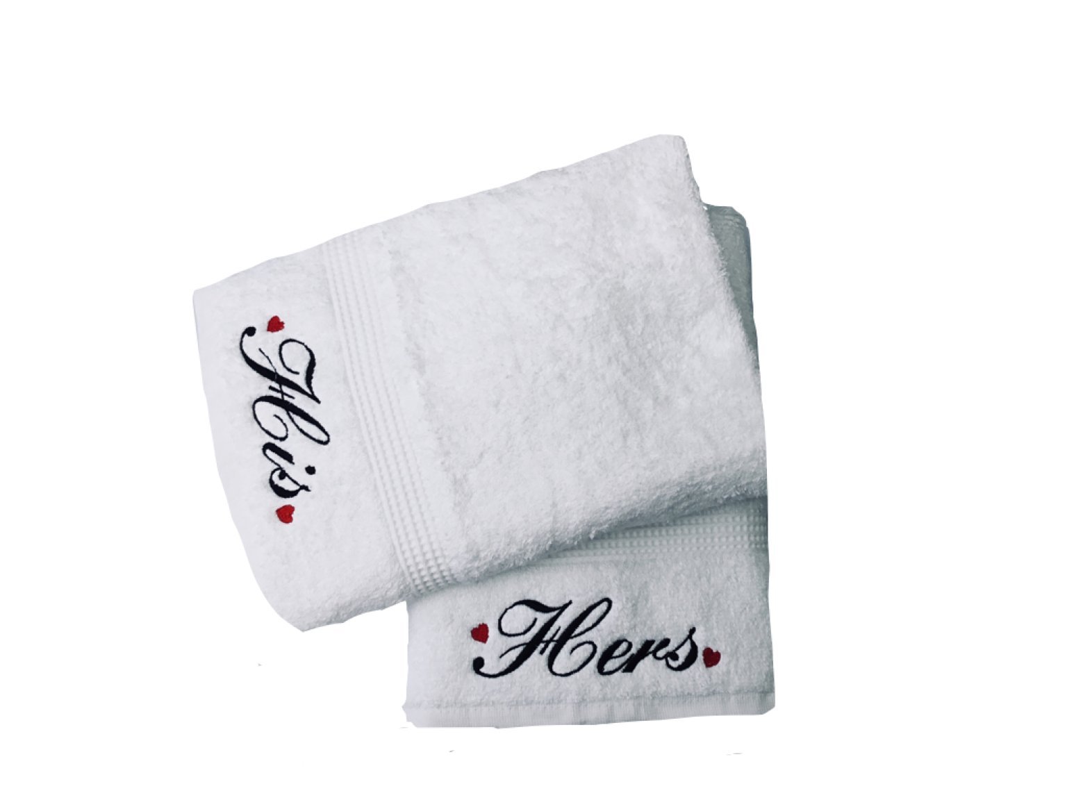 Niche Embroidery Embroidered His & Hers White Bath Towels Pair with Hearts Motif