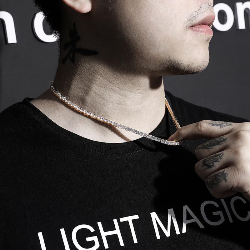 14K Gold over 925 4mm Hip-Hop Style Jewelry, Mossanite Men's Tennis Necklace, Subtle Shine for Everyday Wear,Fathers Day From Son2