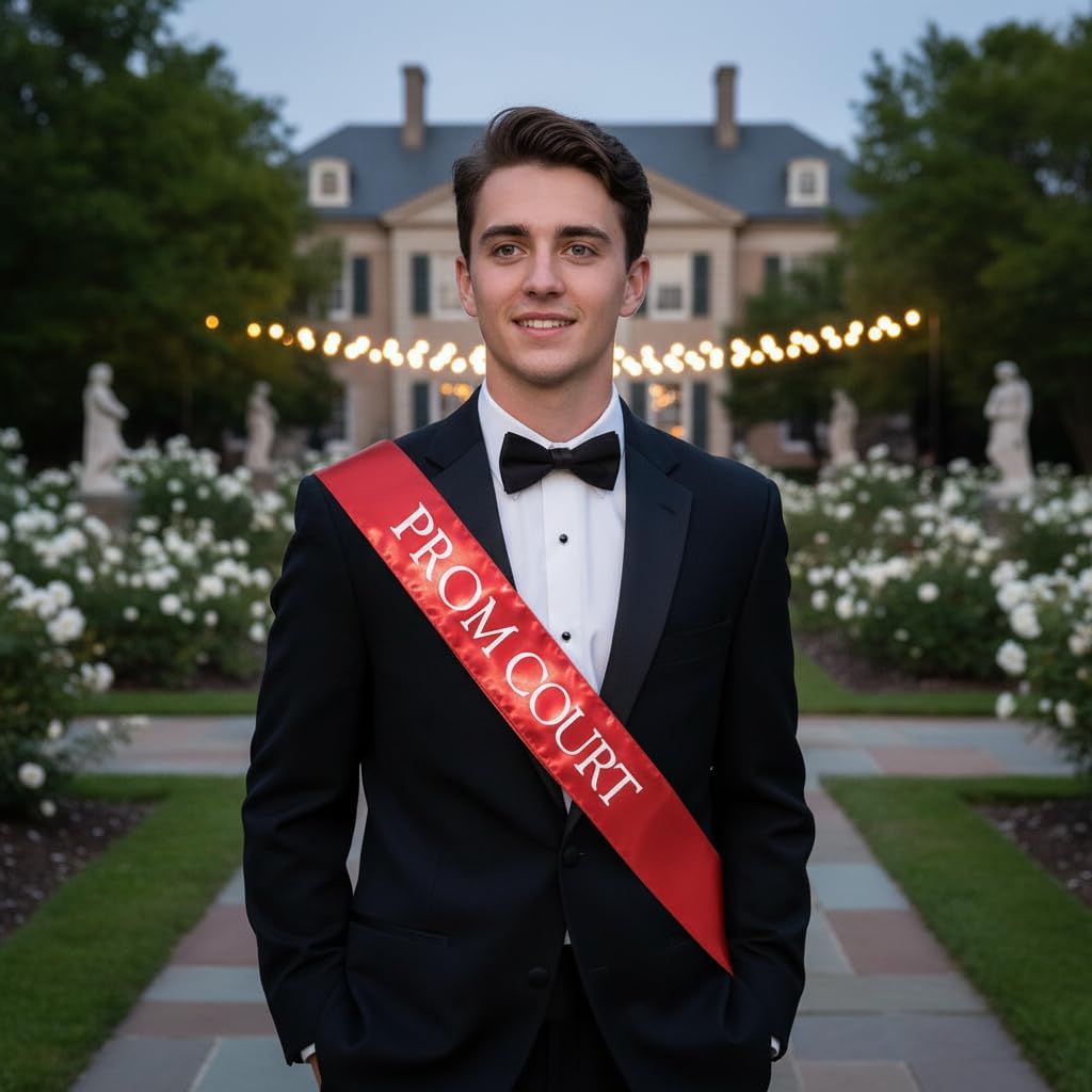 Anderson’s Red and White Prom Court Sashes and Buttons Set, 3" x 72" Satin Royalty Sashes for Prom Coronation & School Celebrations, 2‑Piece Sash Set