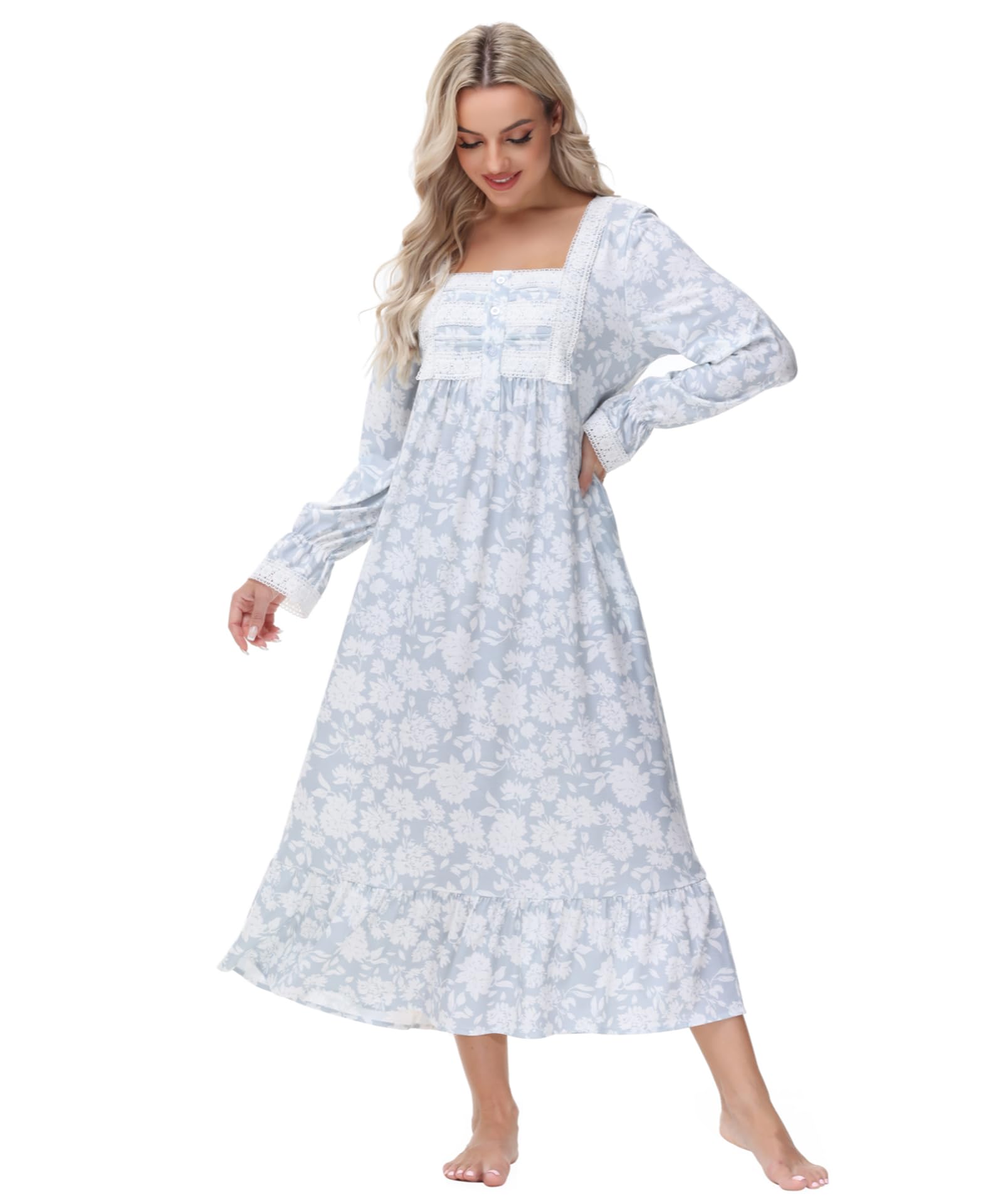 Camisones de Mujer de algodón Suave, cálido, cómodo, Manga Larga/Corta, camisón para Mujer, Ropa de Dormir de Encaje con Volantes