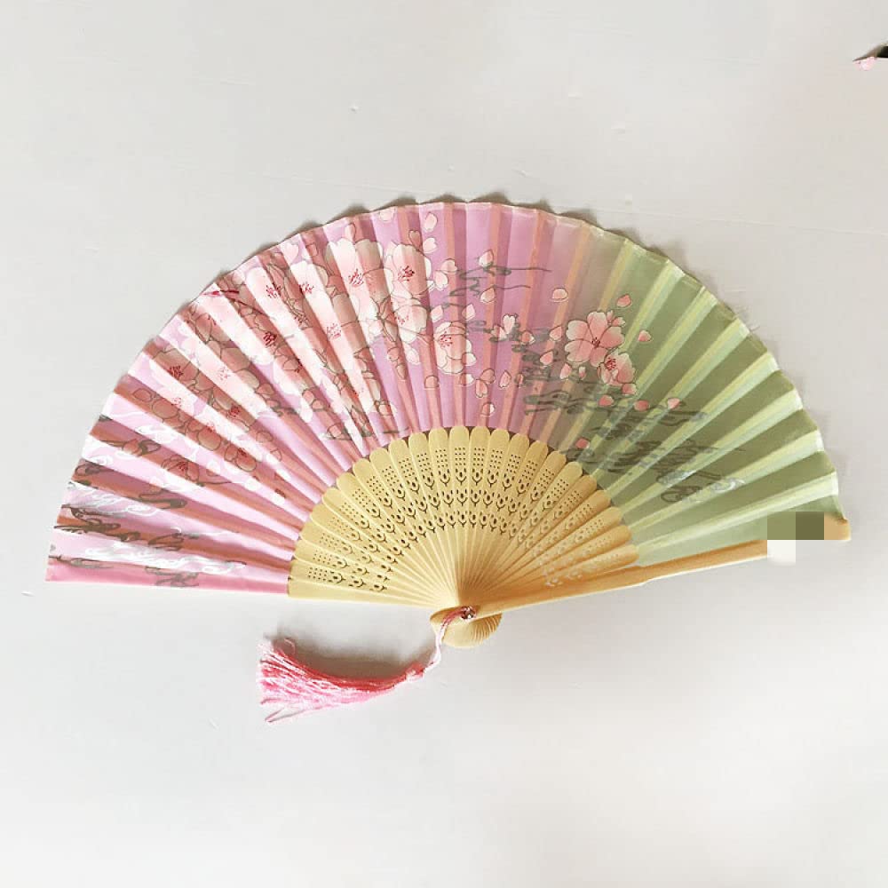 Abanico plegable de mano en seda rosa y verde con varillas de bambú hechas a mano