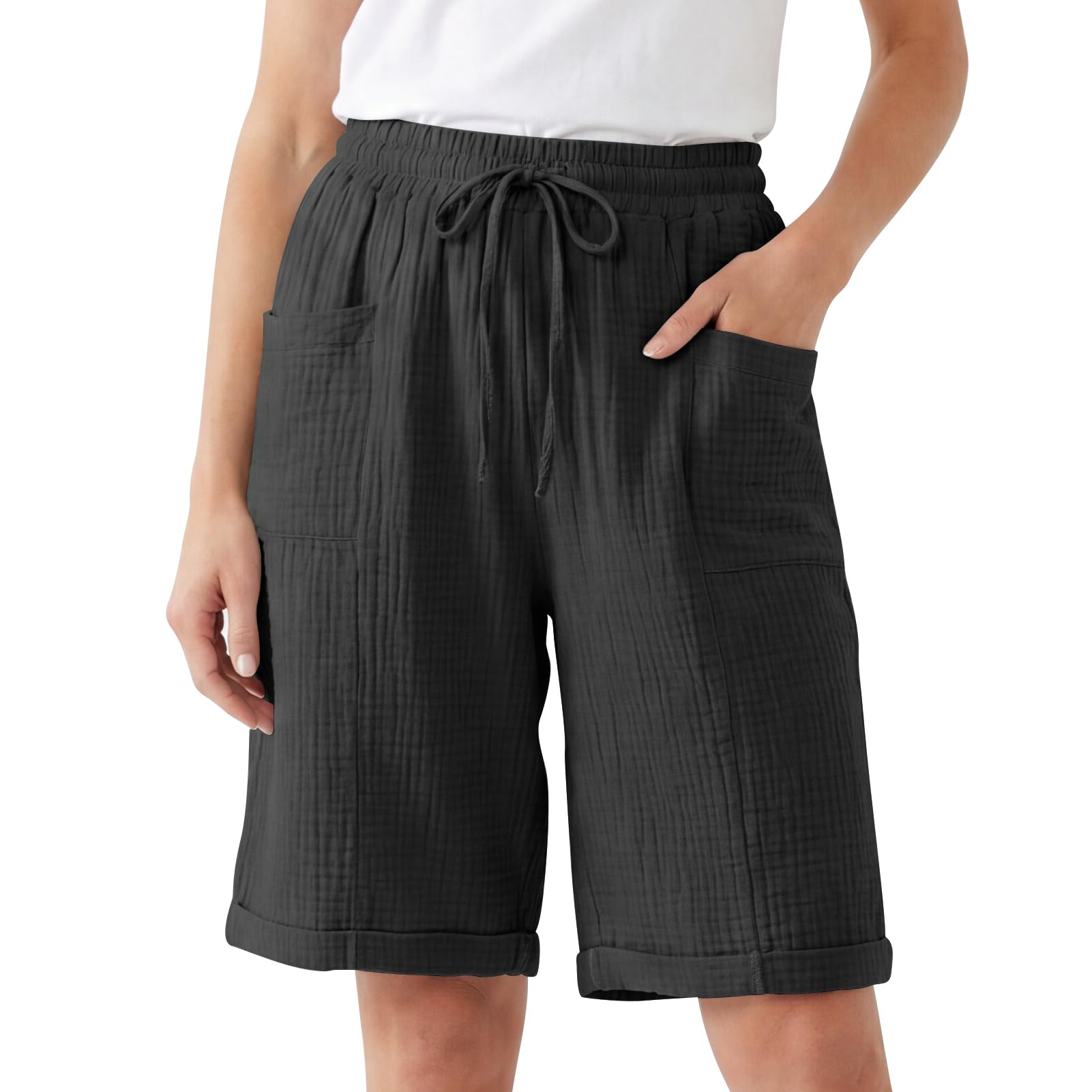 Musselin Shorts Damen Knielang mit Taschen und Kordelzug Beach Baggy Baumwoll Leinen Shorts Kurze Hosen Damen Sommer Knielang