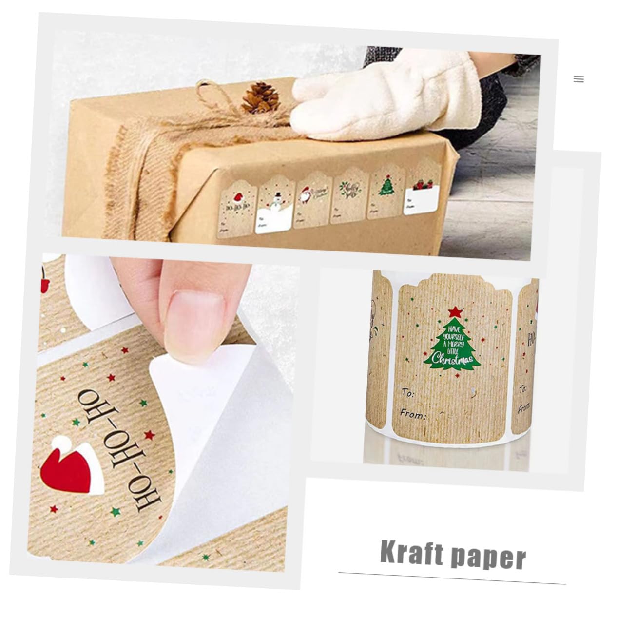 Housoutil 3 Adesivi Natale Carta Kraft Autoadesivi Rettangolari per Regali e Decorazioni Festive Etichette Natalizie Self Adhesive per Biglietti e Confezioni