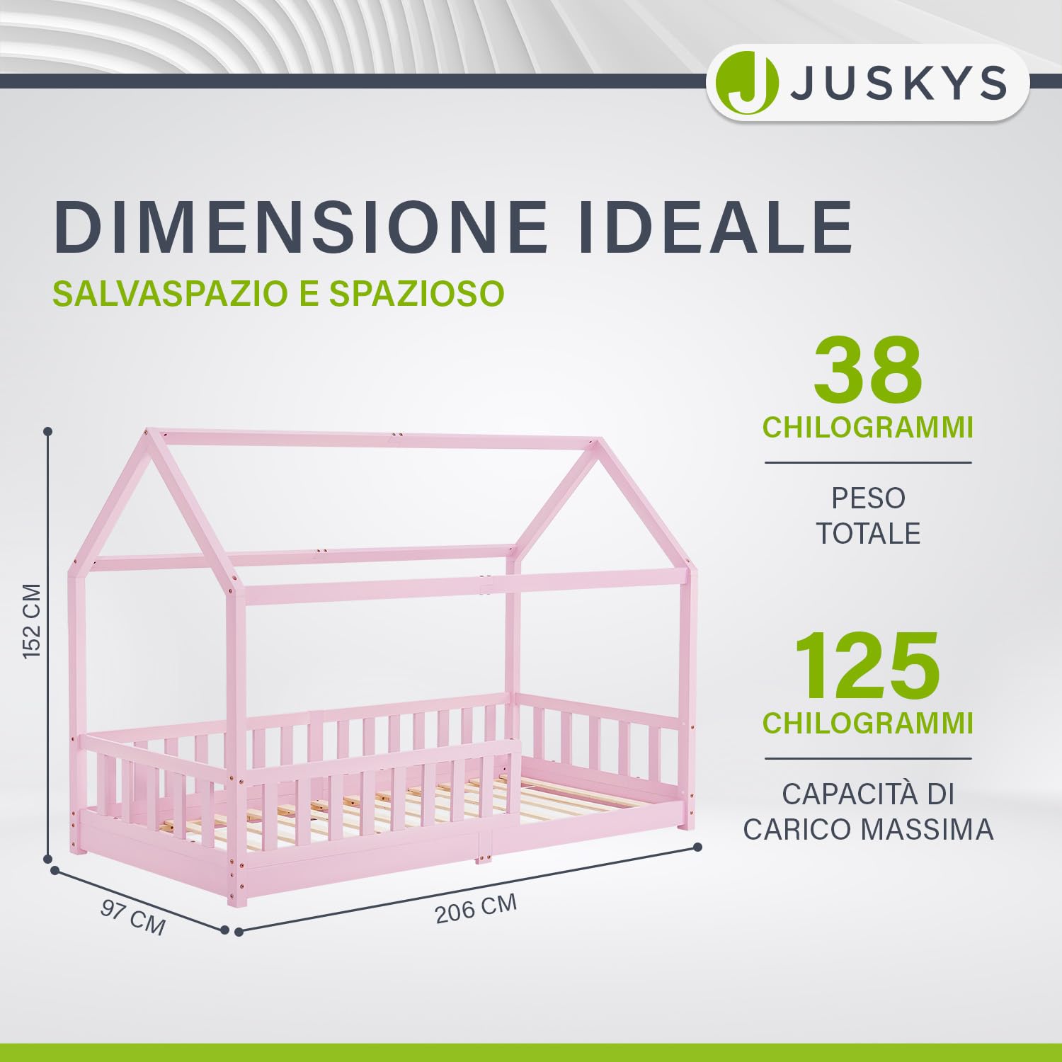 Juskys letto per bambini Marli 90 x 200 cm con barriera anticaduta, rete a doghe e tetto - Letto casetta in legno massiccio per bambini - Colore Rosa