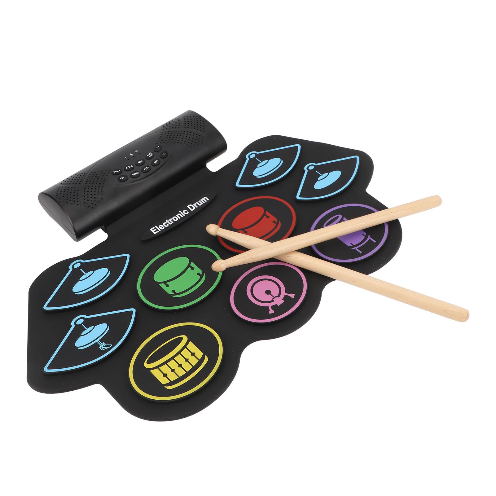 Alomejor Set Pad Per Batteria Elettronica, Tappetino Per Batteria Arrotolabile Ricaricabile Con 7 Toni Di 10 Canzoni Demo Uscita MIDI, Con Bacchetta E Pedale, Per Bambini (Spina europea)