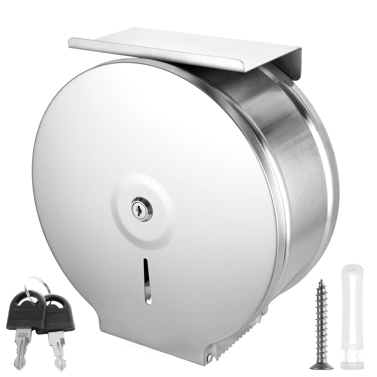 Commercial Toilet Paper Dispenser with Shelf Wall Mount Jumbo Toilet Paper Holder Stainless Steel Roll Tissue Dispenser with Lock and Key for Commercial Home Bath (Silver)