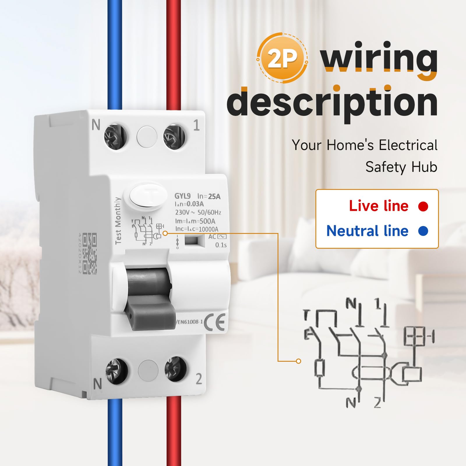 Interruptor Electromagnético Térmico Diferencial 25a 2P 30ma, Con Protección Contra Fugas Eléctricas, Adecuado Para Uso Residencial e Industrial, Instalación de Guía DIN de 240V 35mm