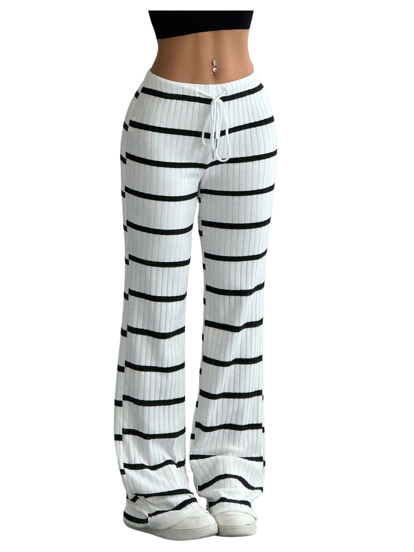 SOLY HUX Womens Striped Pants Drawstring Low Rise Flare Leg Long Pants Trousers