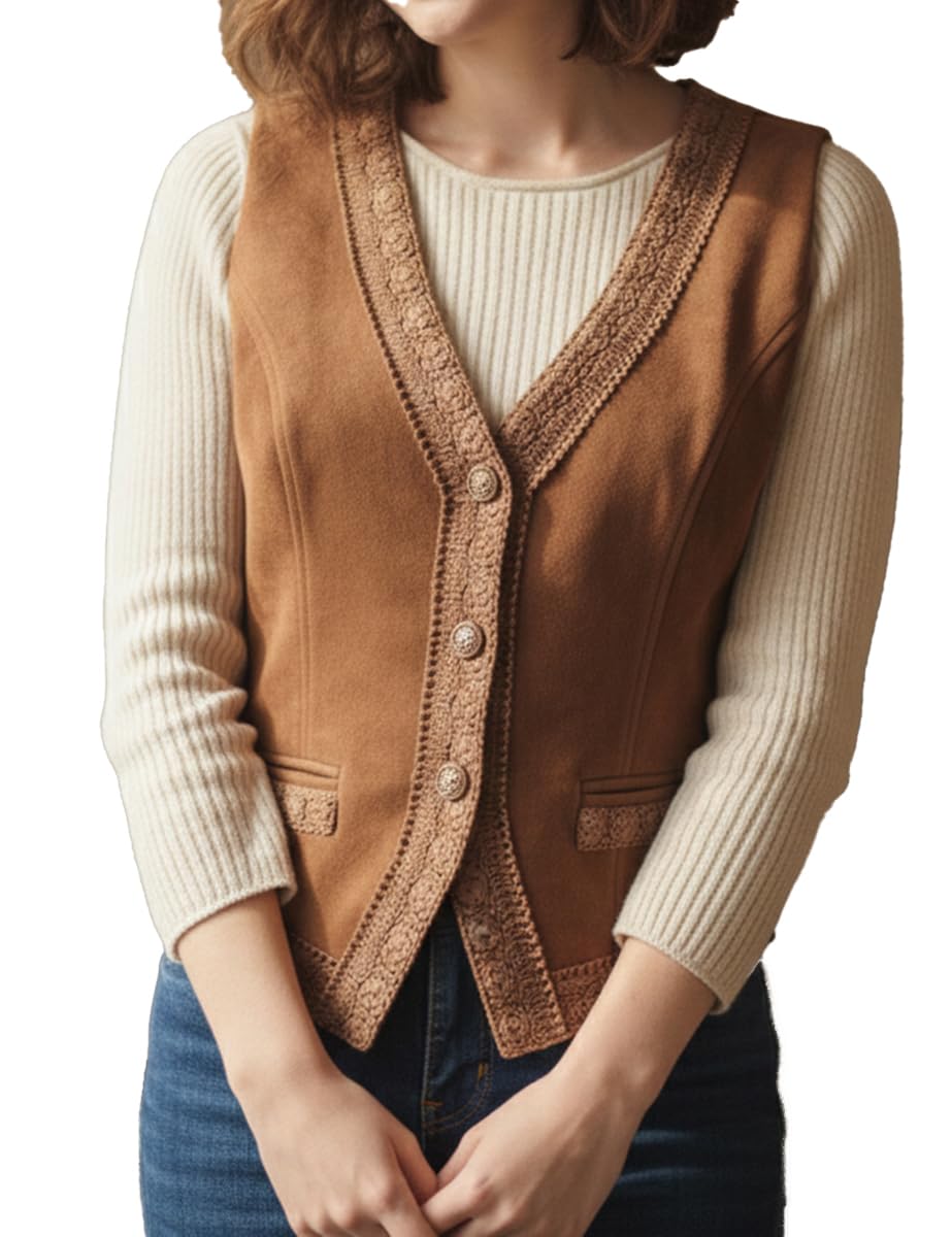 Womens Vintage Distressed Suede Vest with Lace Trim Boho Chic Faux Leather Waistcoat for Casual Layering