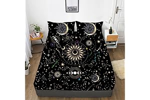 Sun and Moon Printed Queen Size Boho Style Black Starry Planets Bedding